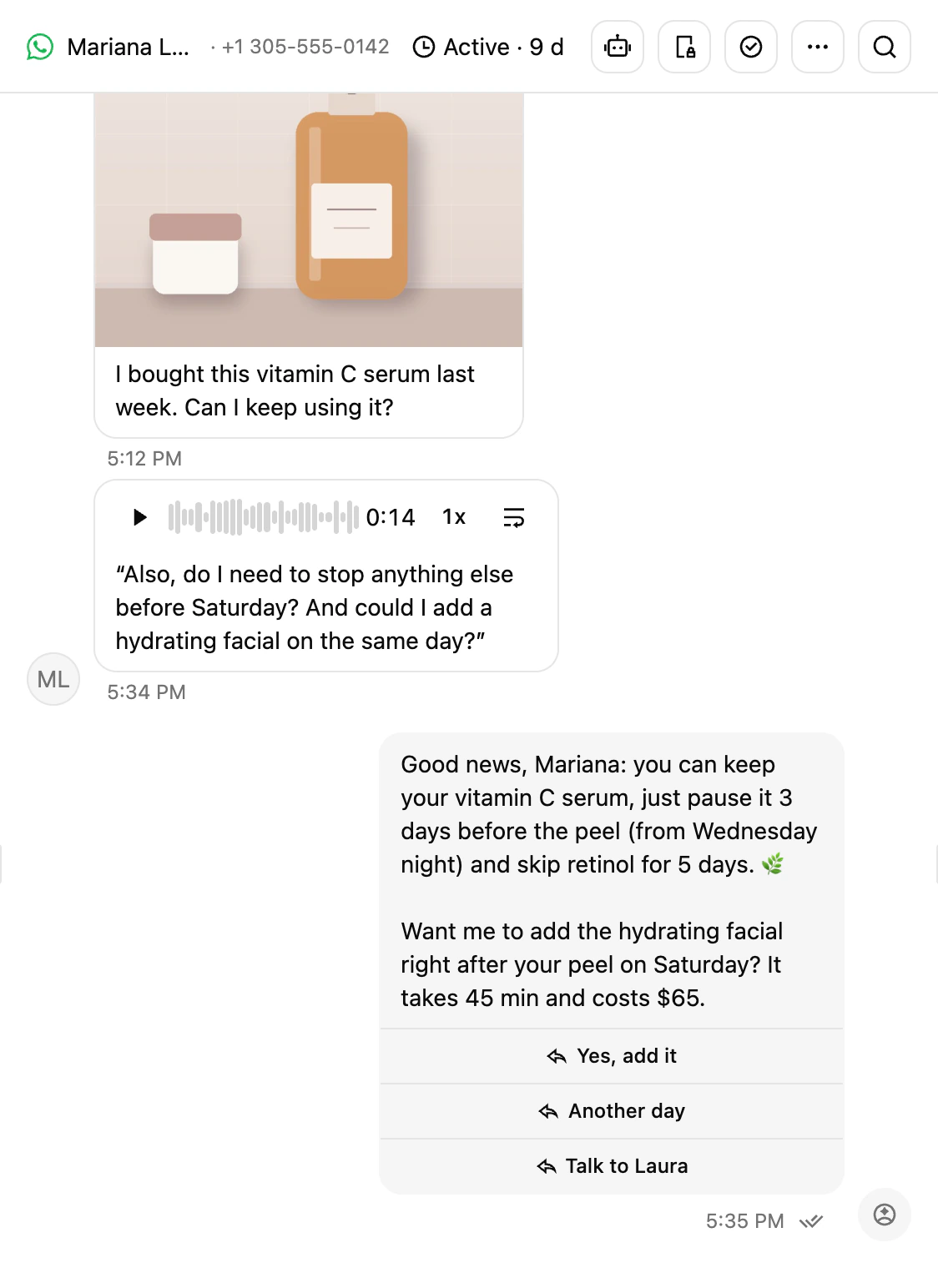 A WhatsApp conversation in the Ciarem Inbox with a photo, a transcribed voice note and an AI reply