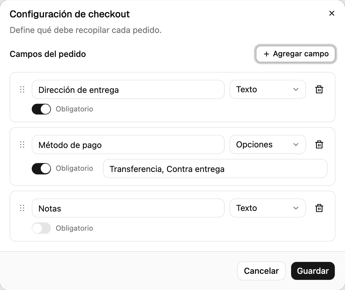 La configuración de checkout: el interruptor del módulo y los campos del pedido que recopila el agente