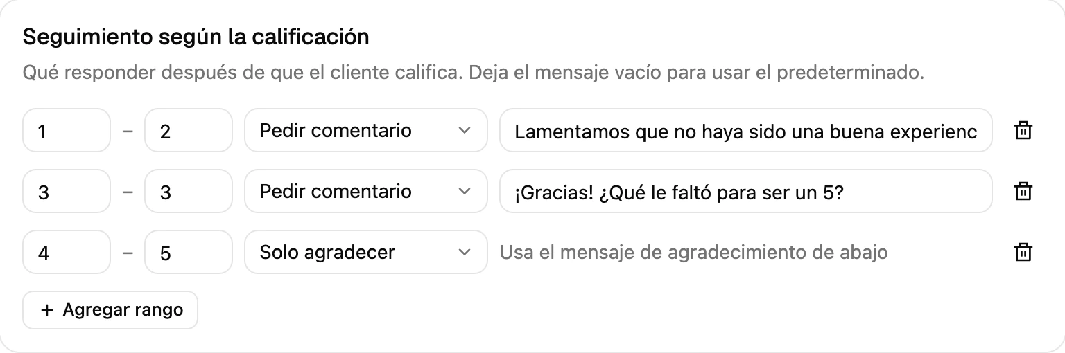 Seguimiento por calificación: pedir comentario en 1–2 y 3, solo agradecer en 4–5, y el mensaje de agradecimiento debajo