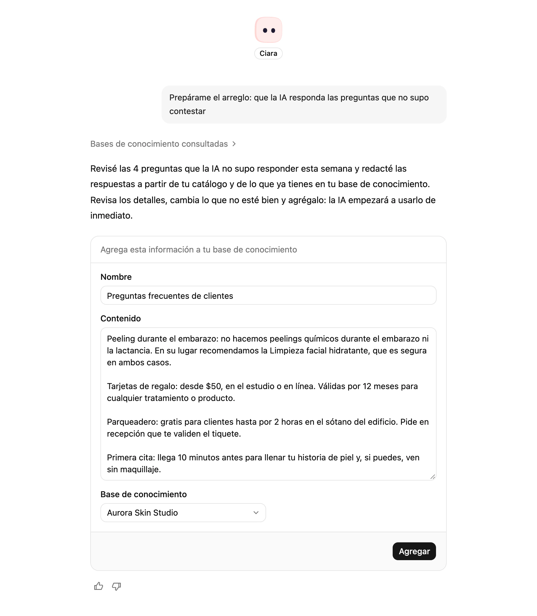 Una actualización del conocimiento que Ciara redactó desde Arréglalo por mí, lista para revisar y agregar