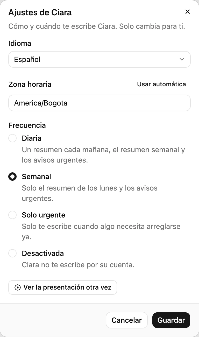 La configuración de Ciara: idioma, zona horaria y frecuencia