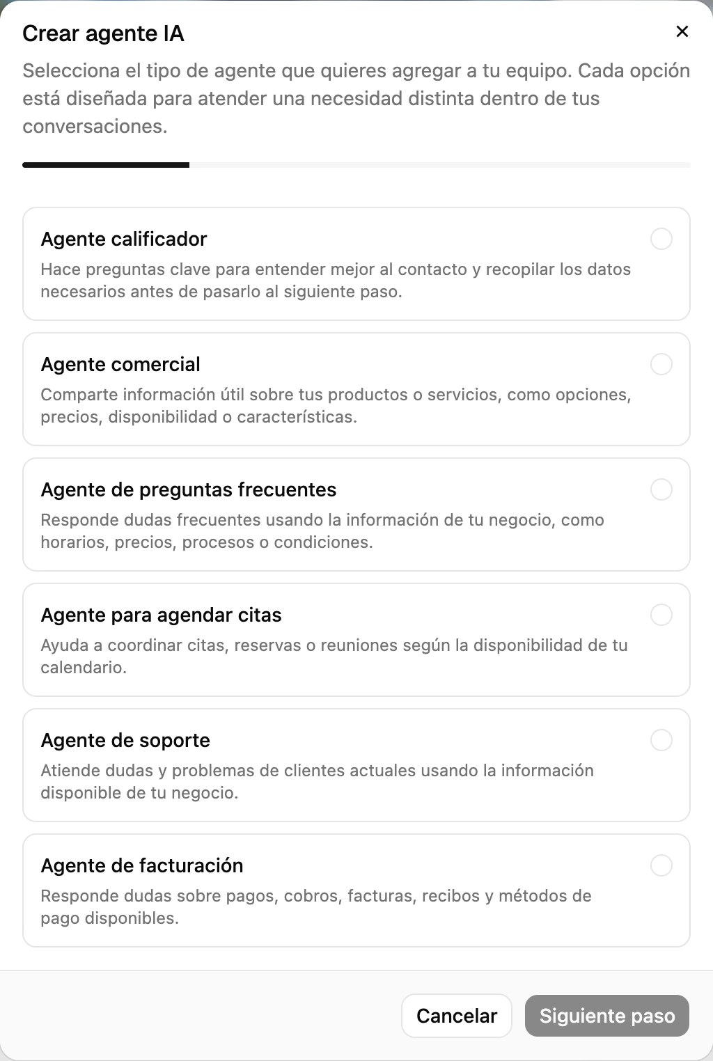El diálogo Crear agente con los seis tipos de agente para elegir