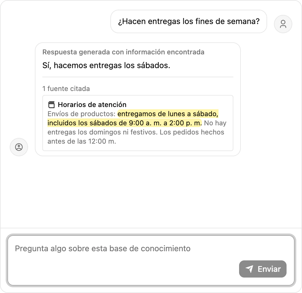 El chat de prueba de la base de conocimiento respondiendo una pregunta, con las fuentes citadas debajo de la respuesta