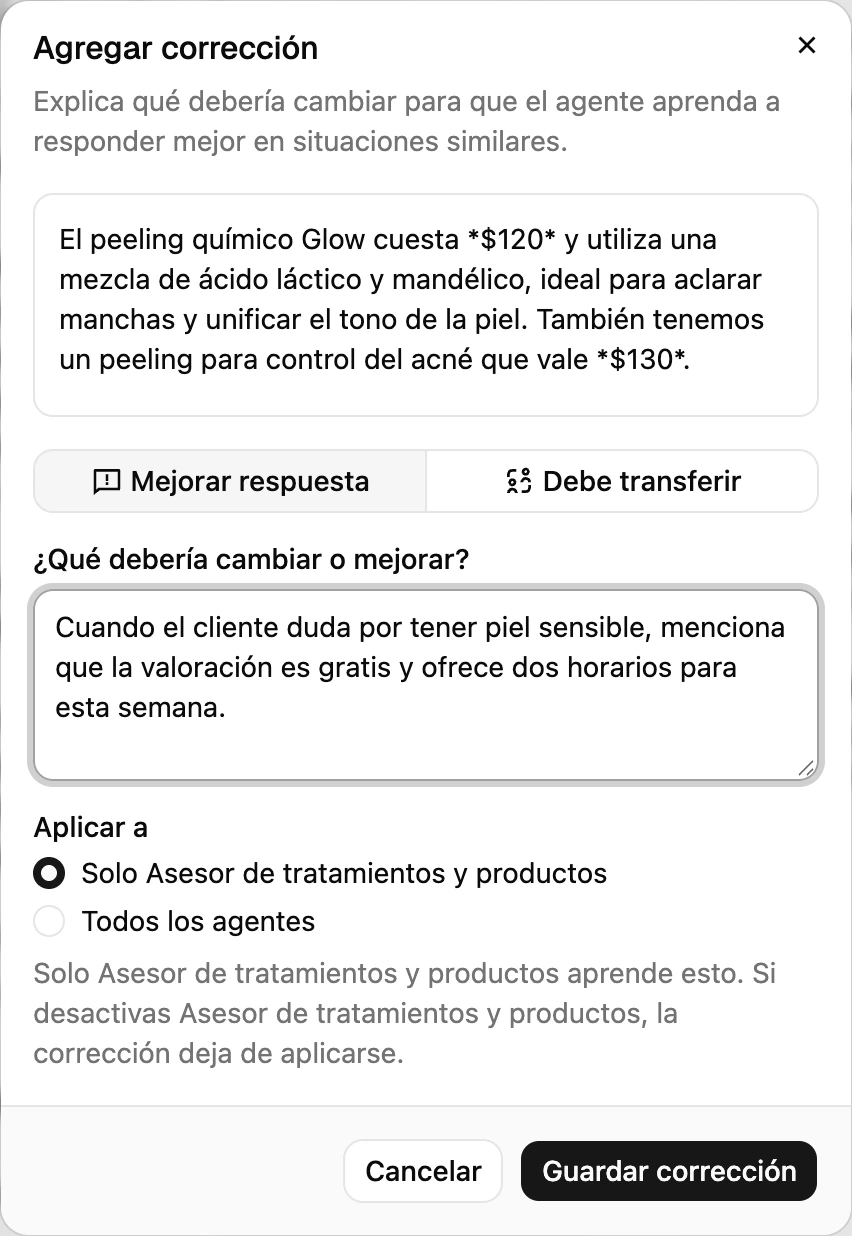 El diálogo de corrección con Mejorar respuesta y Debe transferir, y la opción Aplicar a entre un agente y todos los agentes