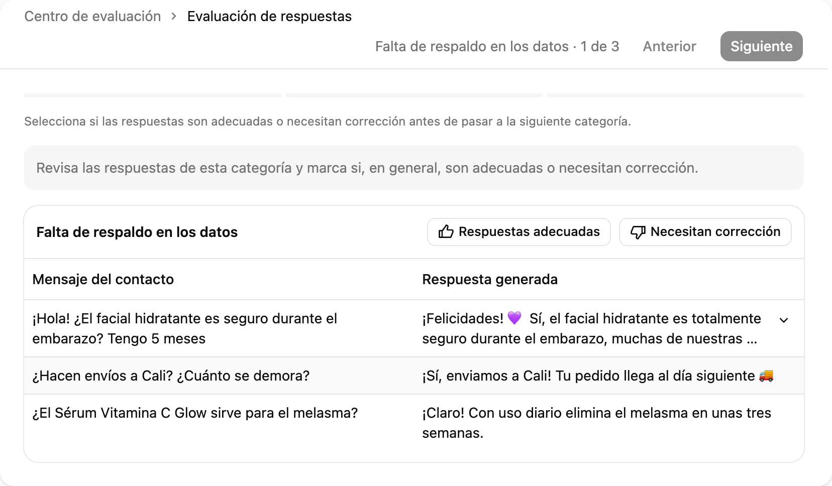 La revisión de una categoría: el mensaje del contacto junto a la respuesta del agente, con Respuestas adecuadas y Necesitan corrección