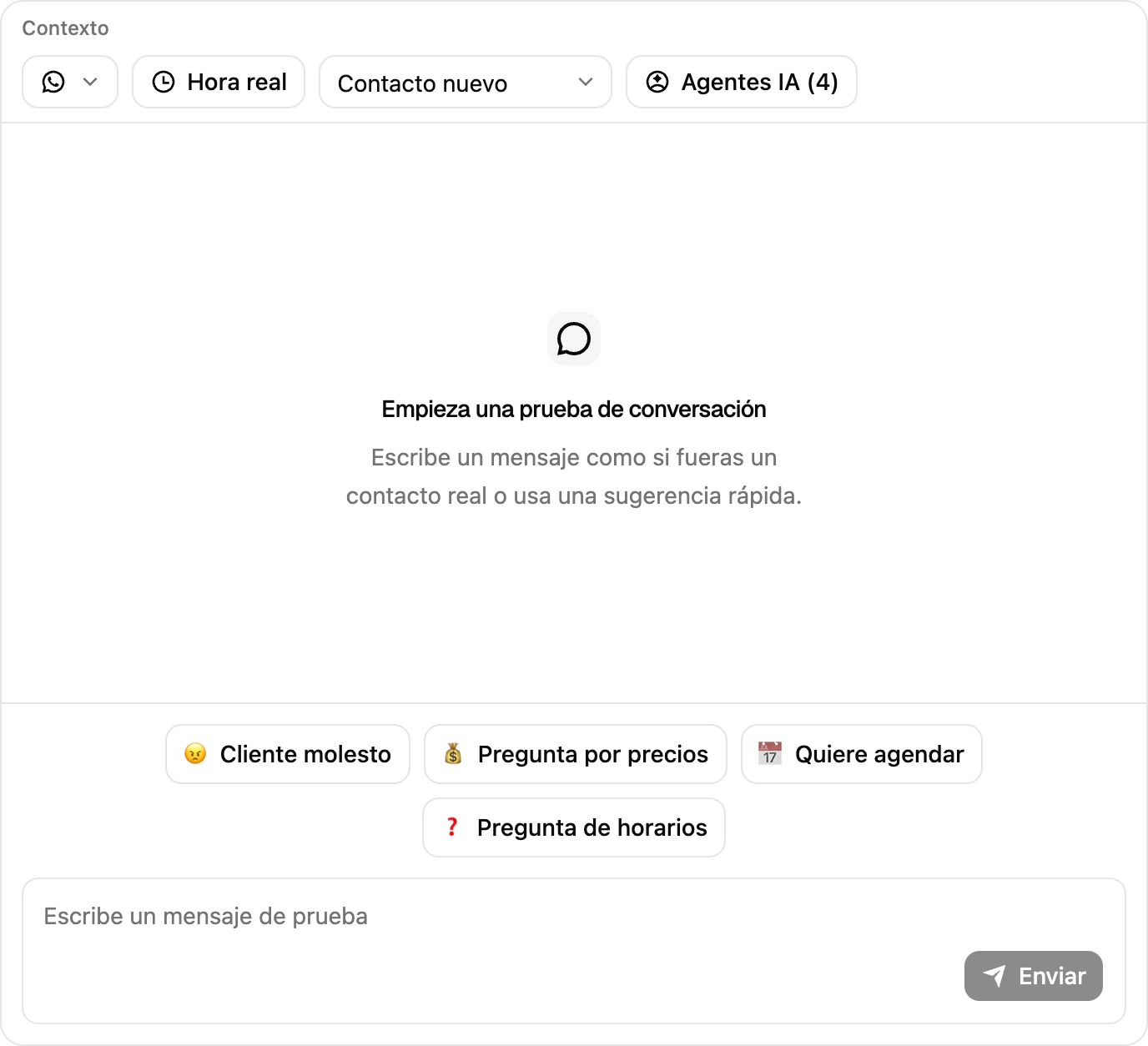 El encabezado del playground con los selectores de canal, hora simulada, contacto y agentes, y los escenarios rápidos