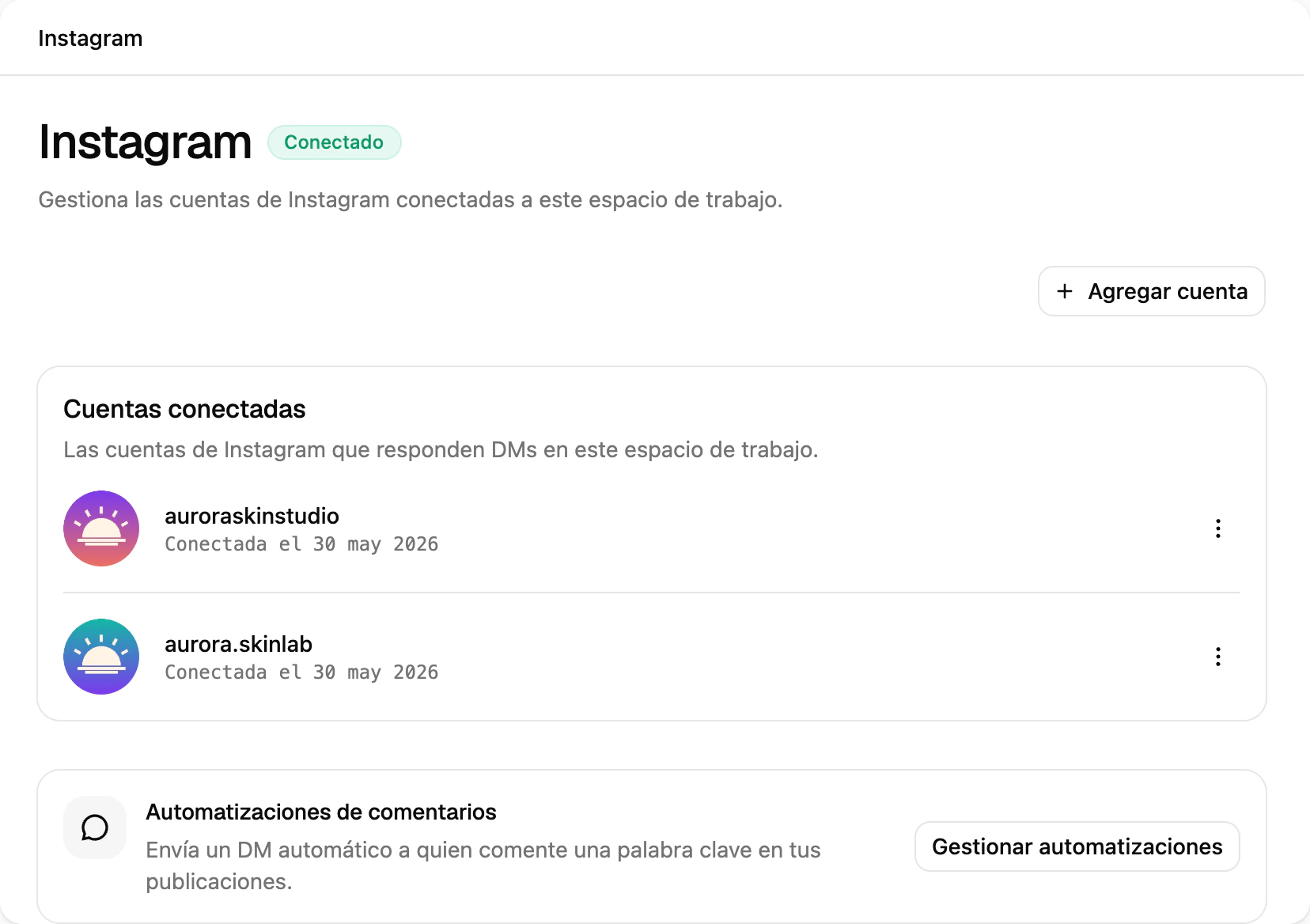 La página del canal de Instagram en Ciarem con dos cuentas conectadas y la opción de agregar otra