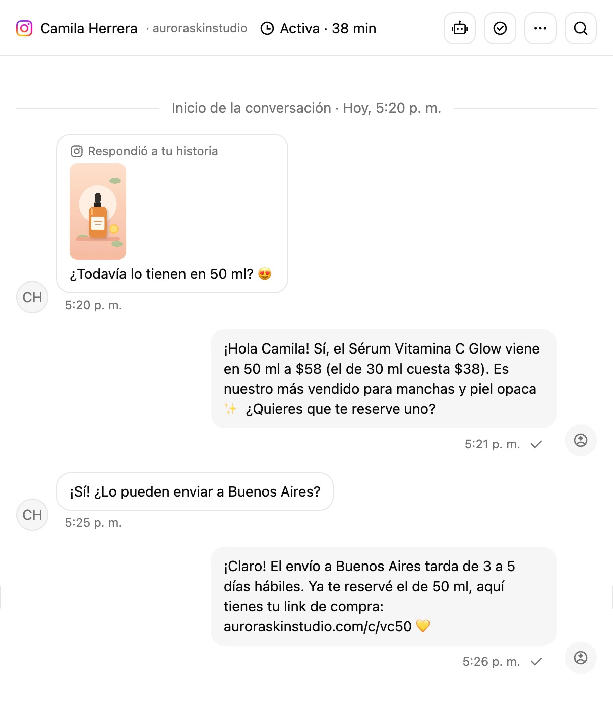 Una conversación de Instagram en la Bandeja de entrada de Ciarem donde el cliente respondió a una historia y el agente de IA le contestó sobre ella