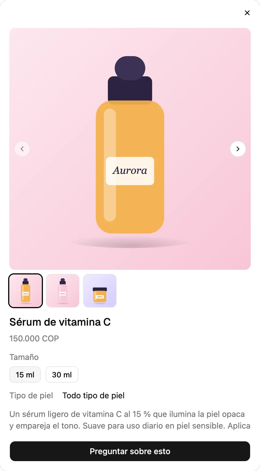 Un producto abierto en una página CLink: galería de fotos, precio, opciones de tamaño, tipo de piel, descripción y el botón Preguntar sobre esto