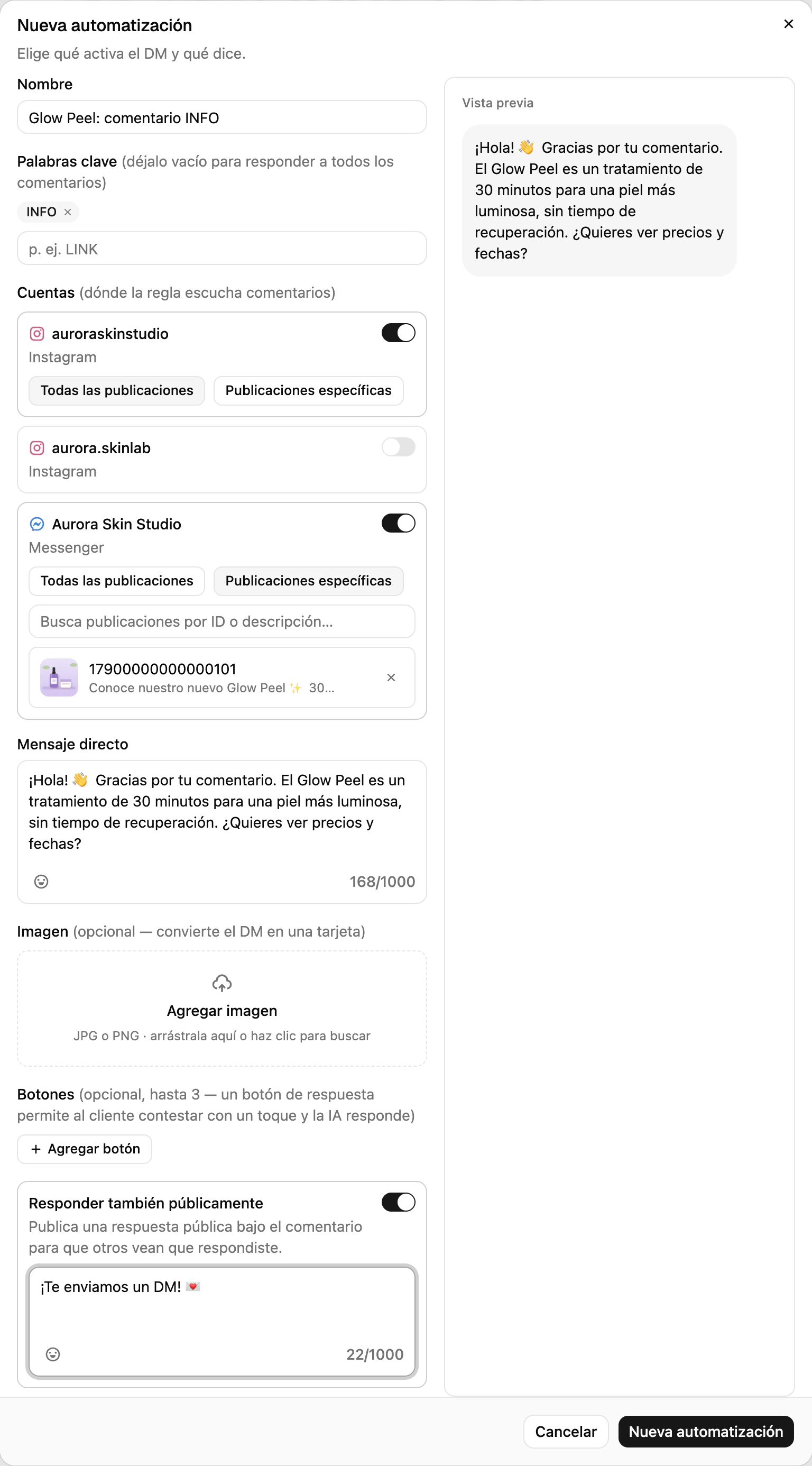 El diálogo Nueva automatización en Ciarem con una palabra clave, una cuenta de Instagram y una página de Facebook seleccionadas, y el mensaje directo escrito