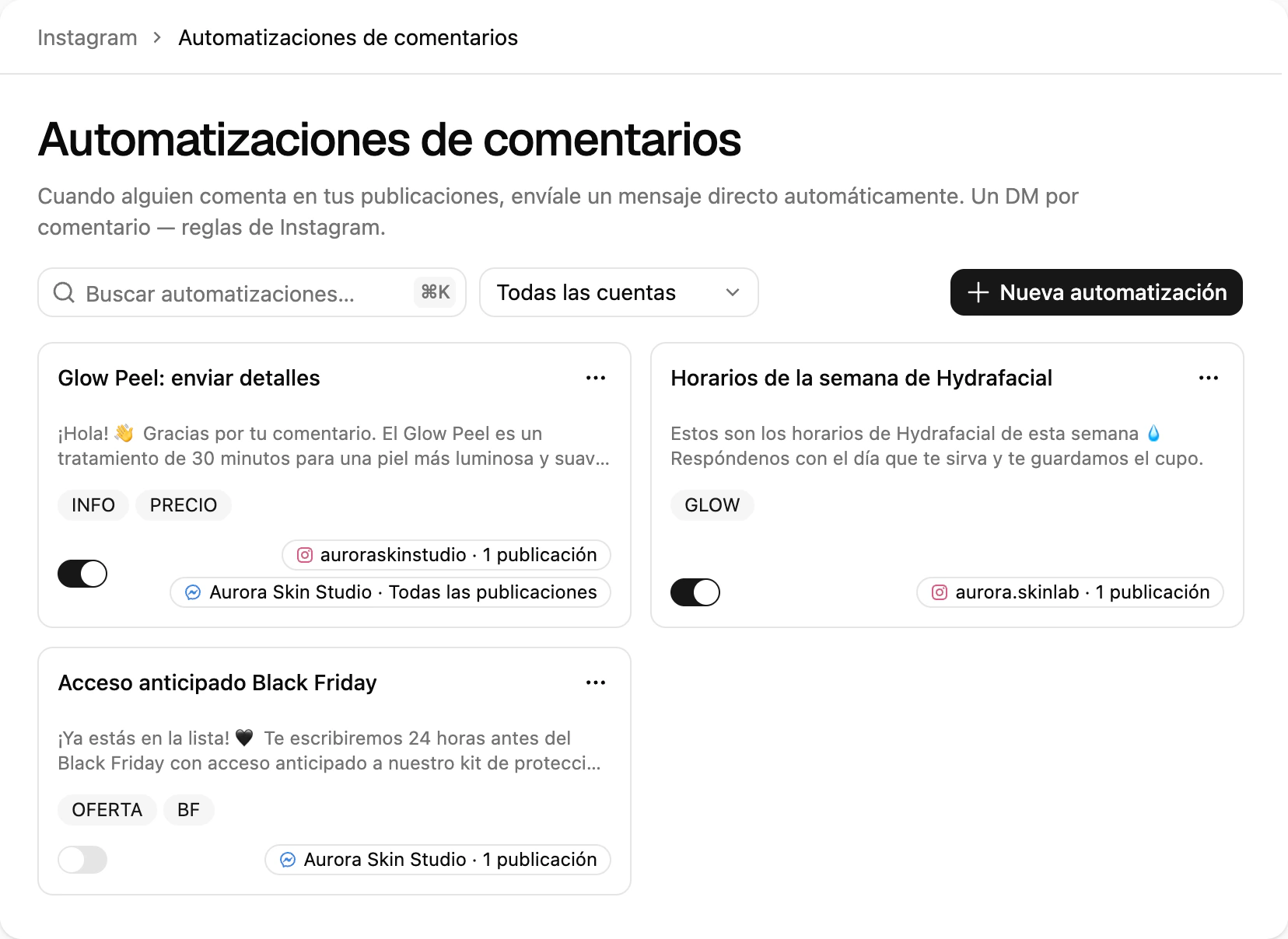 La lista de Automatizaciones de comentarios en Ciarem: reglas con sus palabras clave, vista previa del DM, interruptor y alcance de publicaciones