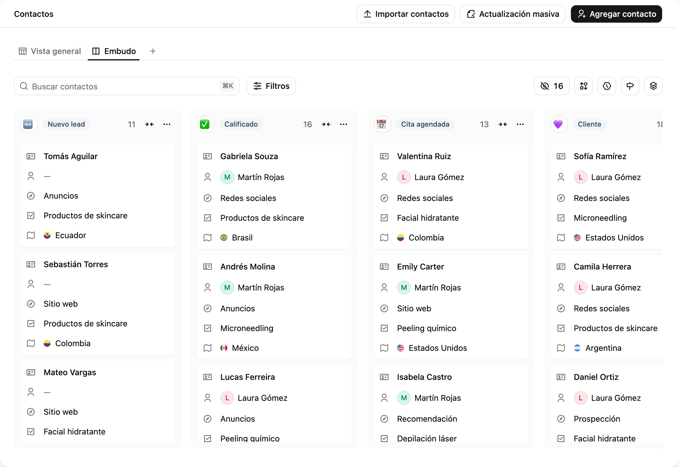La vista de Tablero de contactos: una columna por etapa del embudo, con tarjetas que se arrastran entre columnas