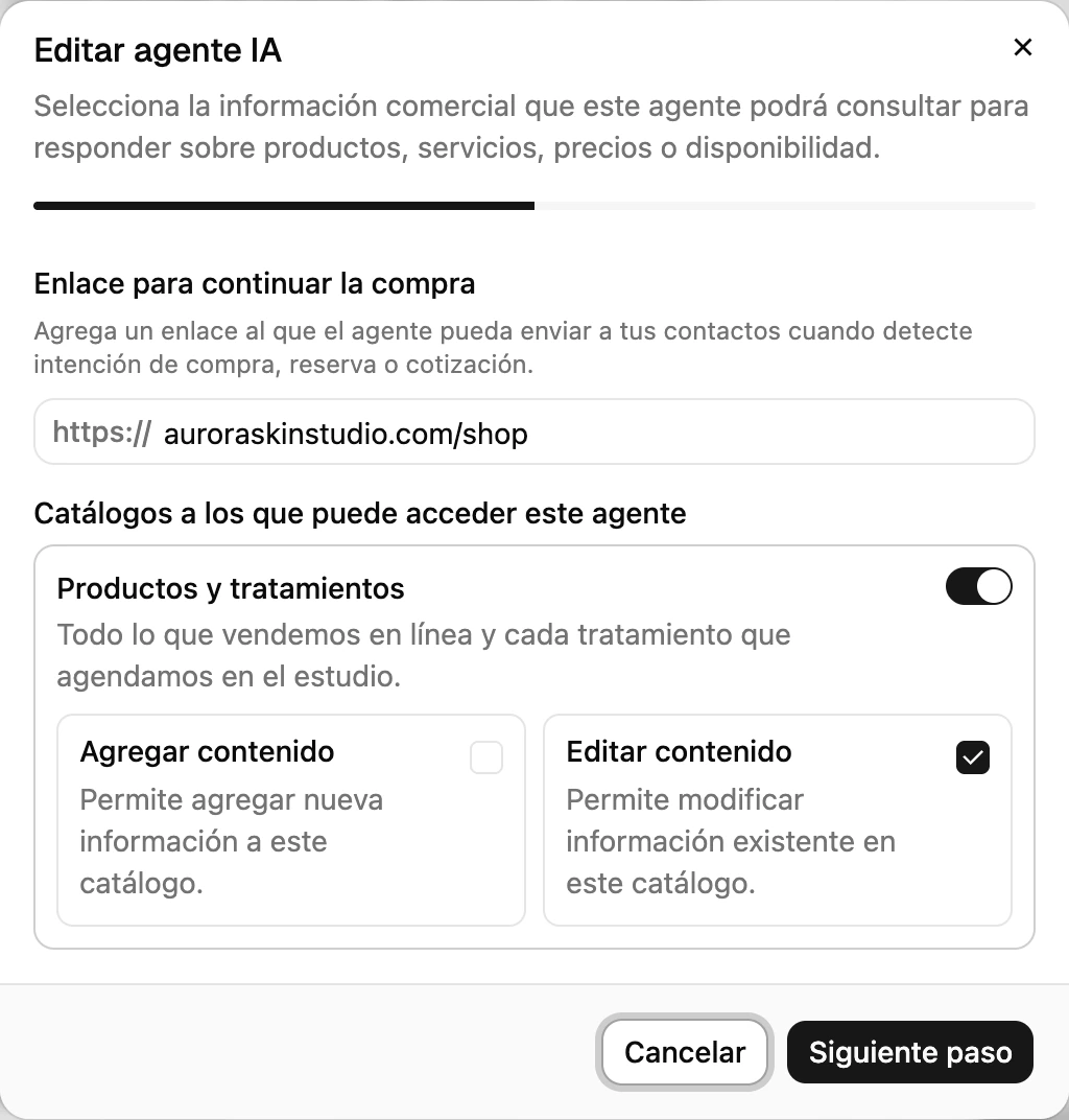 Catálogos a los que puede acceder este agente en la configuración de un agente, con el interruptor del catálogo y los permisos Agregar contenido y Editar contenido