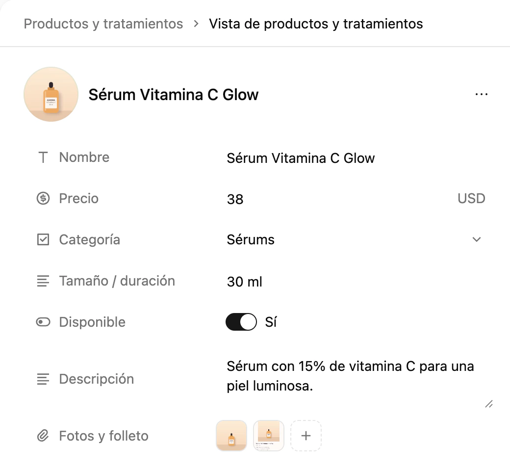 Creación de un registro de catálogo con una foto del producto y un folleto en PDF adjuntos en una propiedad Archivos múltiples