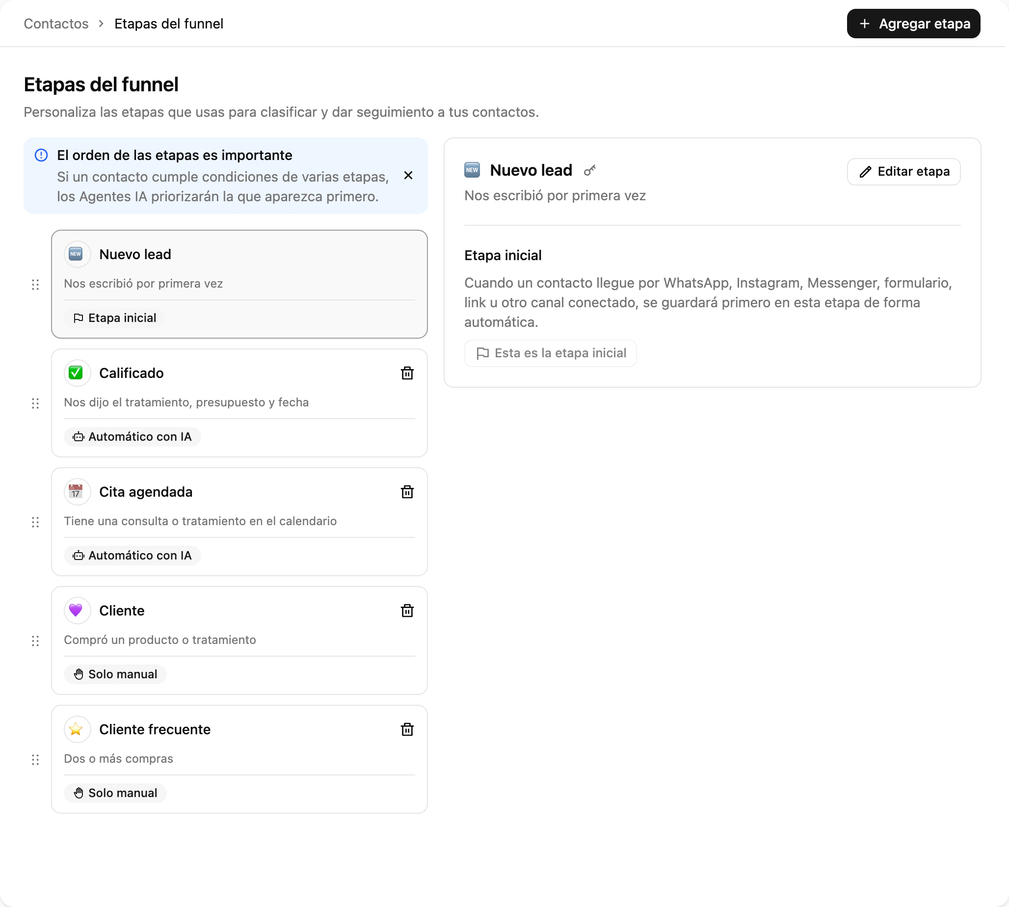 El editor de Etapas del funnel: etapas reordenables con emoji, conteo de contactos e insignias de etapa inicial y automatización