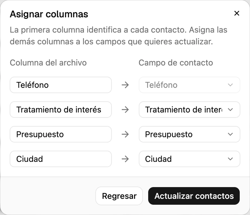 El diálogo de Actualización masiva de contactos con Identificar contactos por Teléfono y un código de país por defecto
