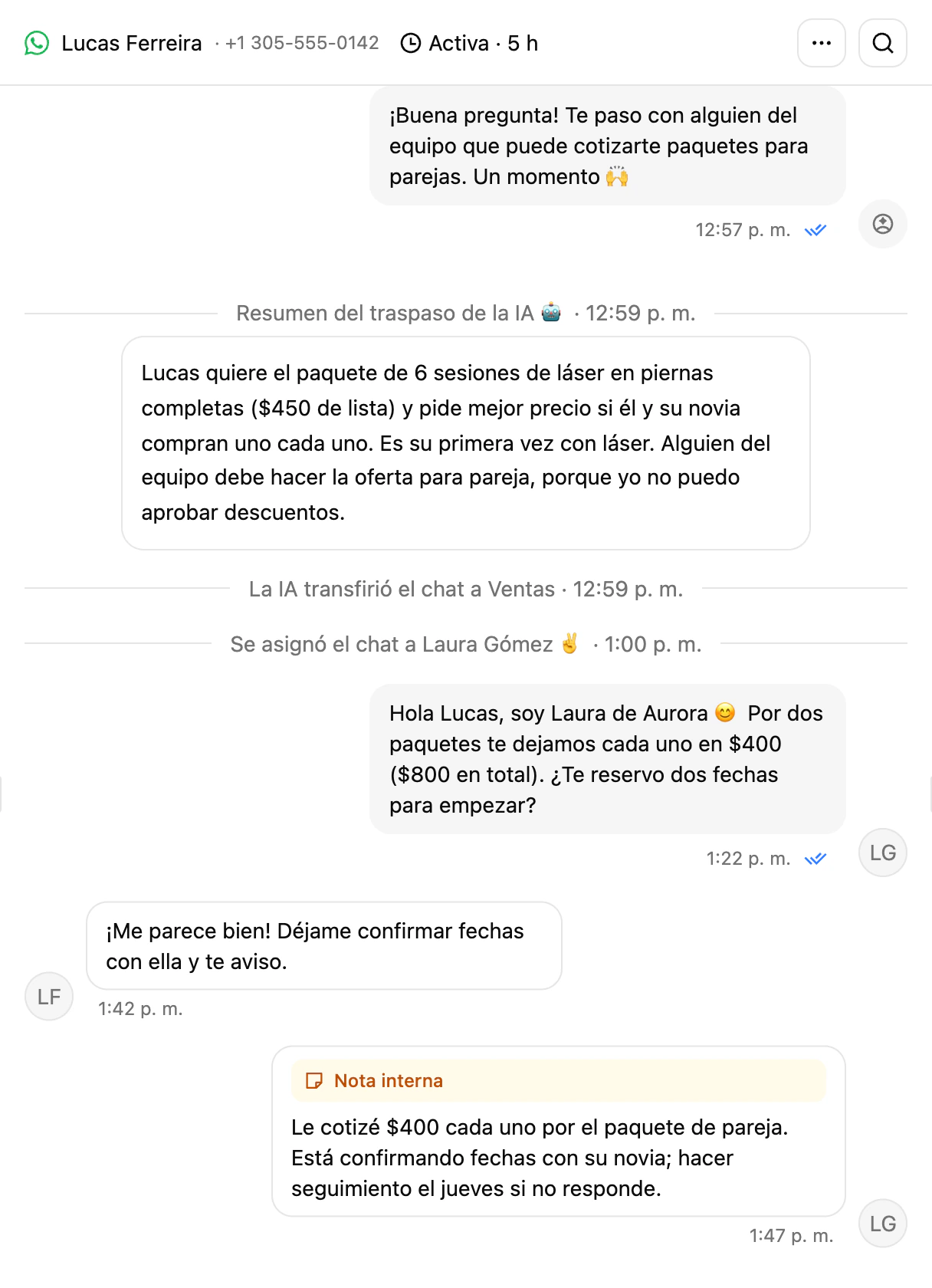 Una conversación en la Bandeja de entrada de Ciarem con la tarjeta de Resumen del traspaso de la IA y una nota interna de un compañero