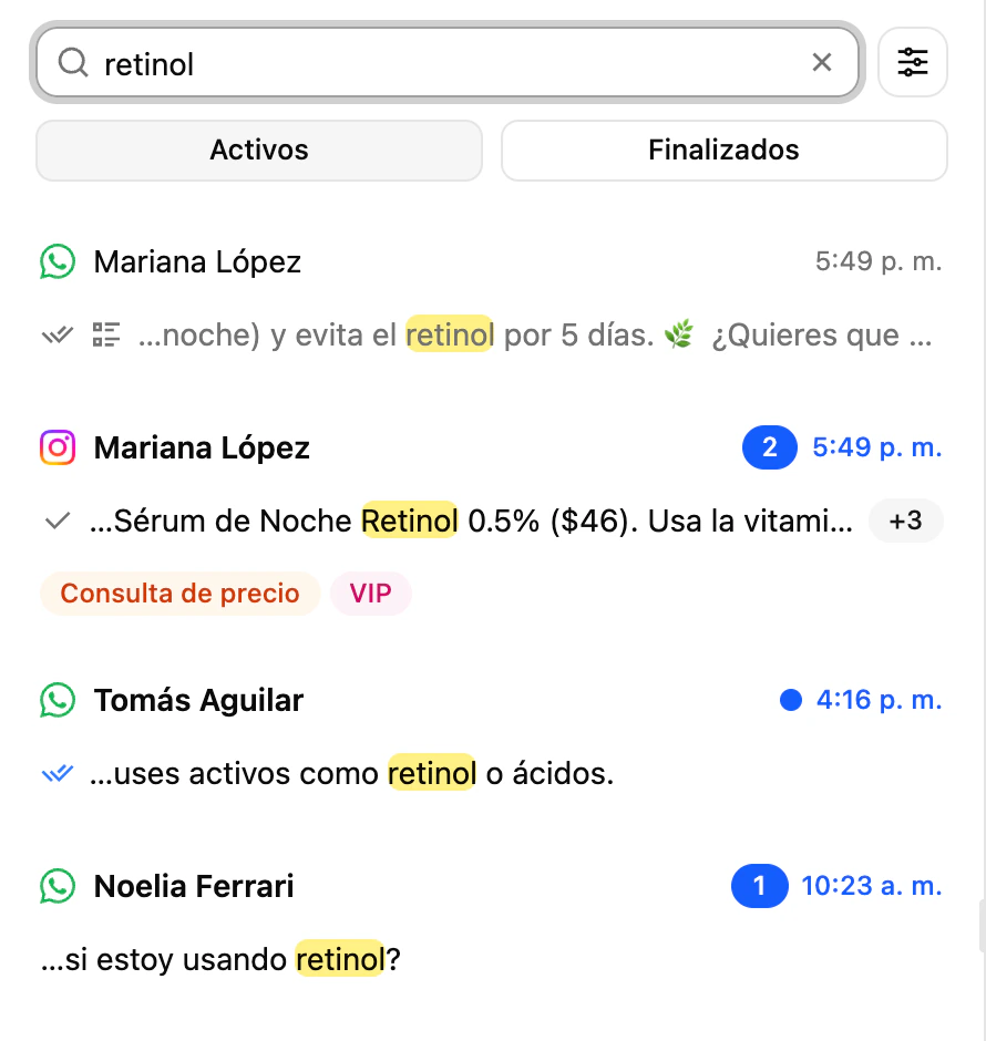 La búsqueda de la Bandeja de entrada de Ciarem: un resultado con el mensaje que coincide resaltado y una insignia con más coincidencias en la misma conversación