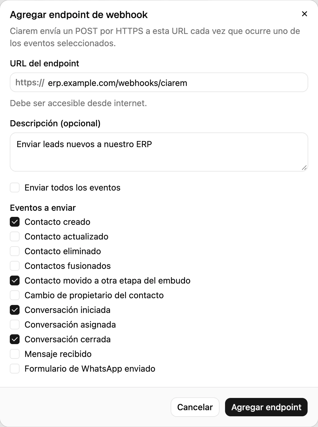El formulario Agregar endpoint con la URL del endpoint y la lista de eventos a enviar