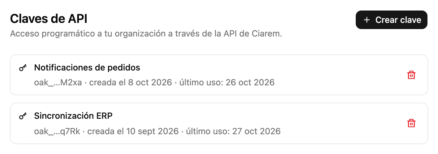 La página de Claves de API en la configuración de Ciarem, con claves de dos integraciones y su fecha de último uso