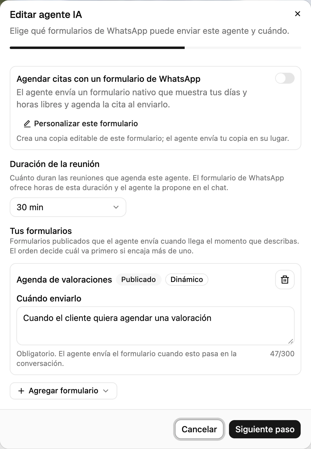 La configuración del agente de citas en el Equipo de agentes, con las opciones de Duración de la reunión