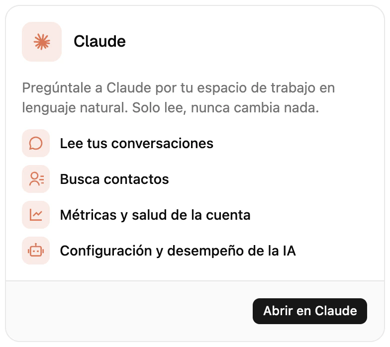 La tarjeta de Claude en las integraciones de Ciarem, con lo que puede consultar el conector Ciarem AI y el botón Abrir en Claude