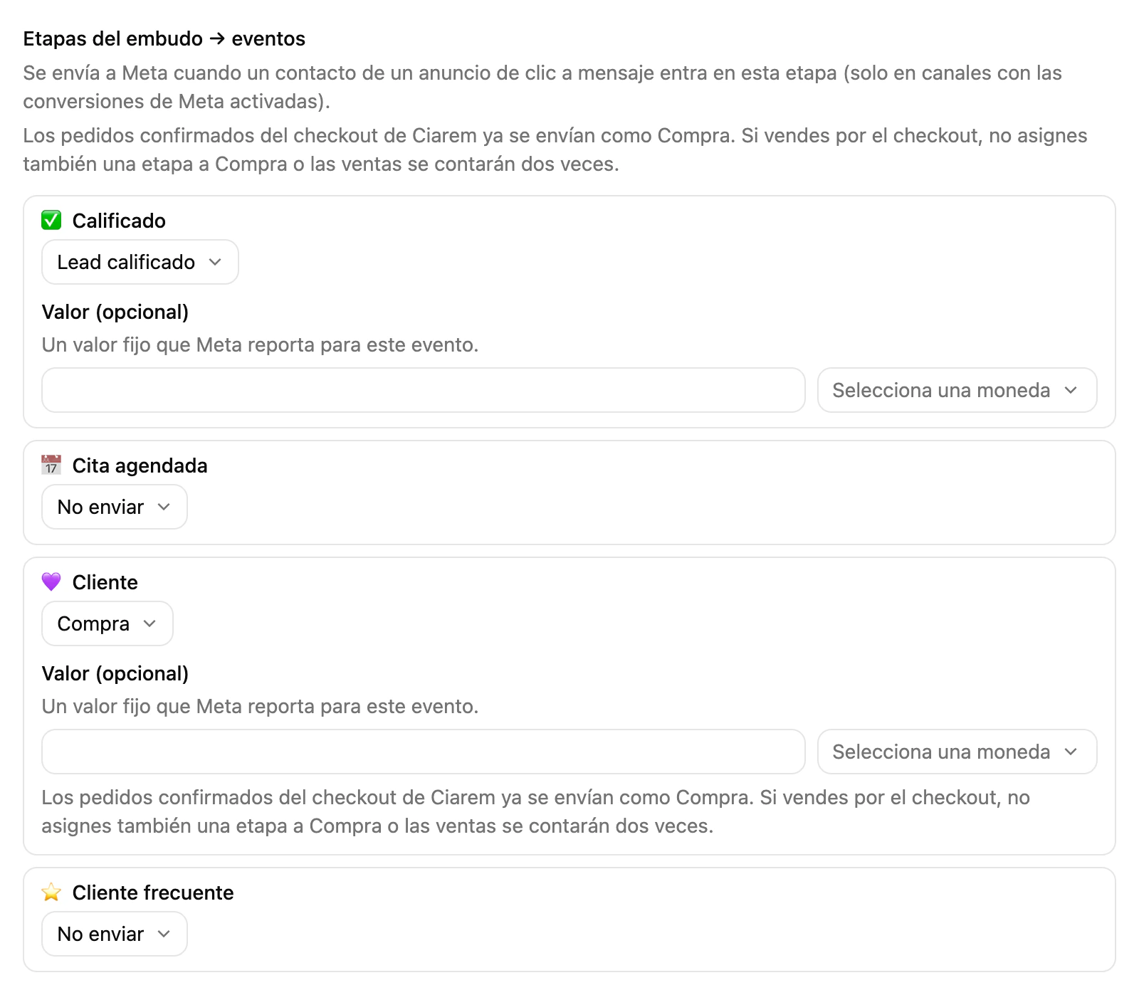 El mapeo de Etapas del embudo → eventos, con Interesado, Calificado y Ganado enviando Lead enviado, Lead calificado y Compra