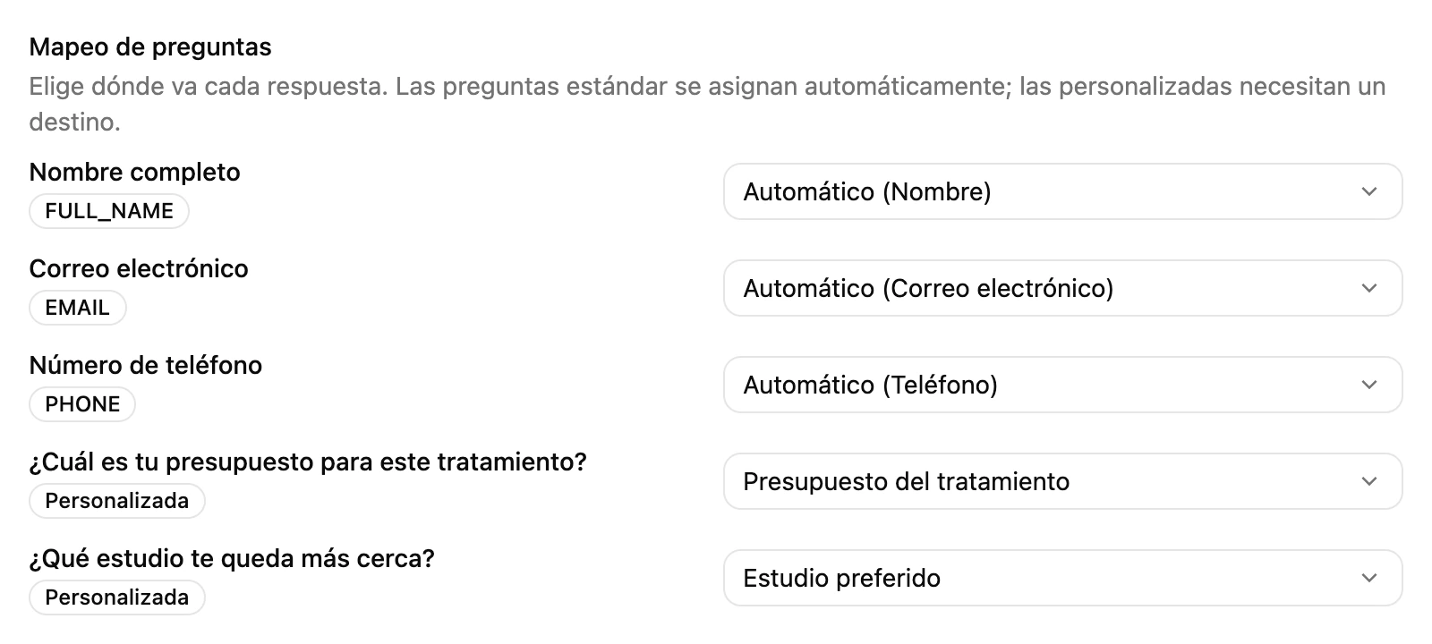 El Mapeo de preguntas de un formulario instantáneo, con cada pregunta enviada a un campo del contacto o una propiedad personalizada