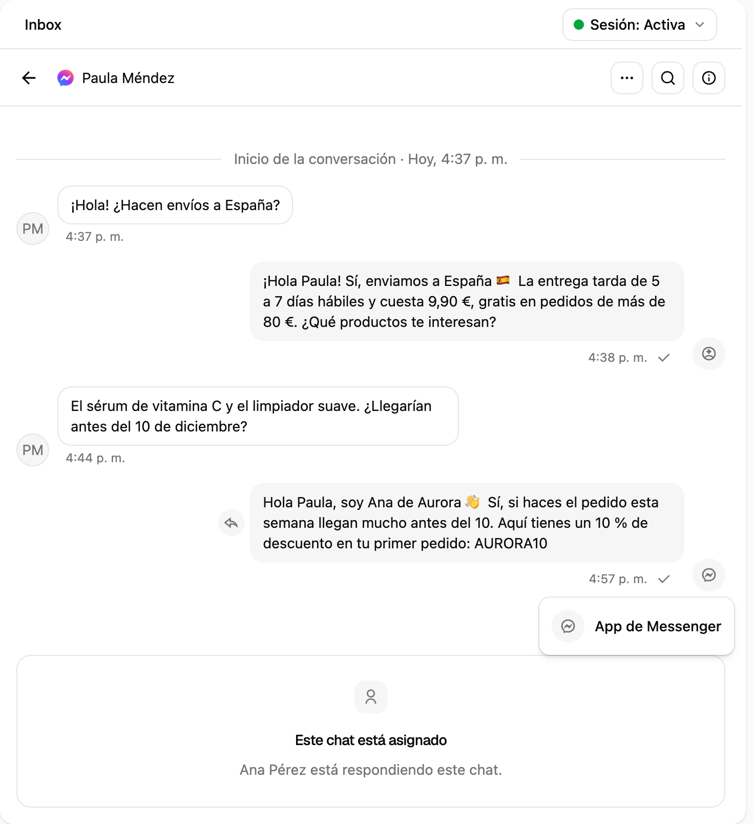 Un hilo de Messenger en Ciarem con una respuesta saliente marcada como App de Messenger y la conversación asignada al equipo