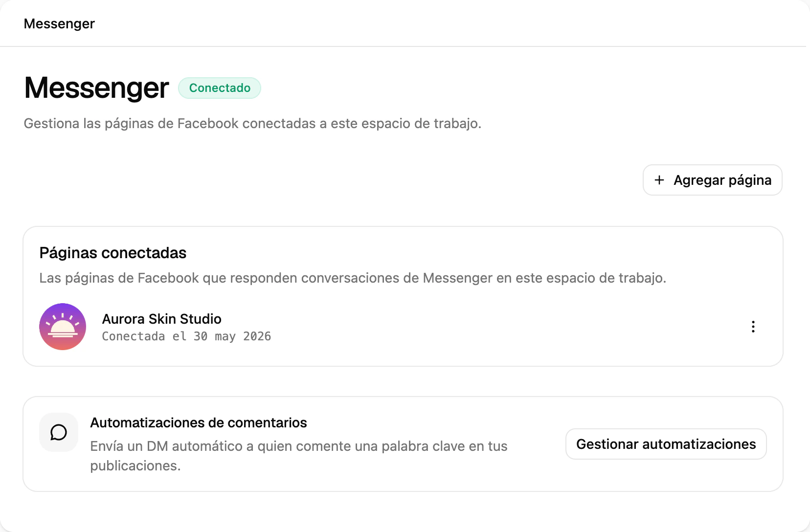 La página del canal de Messenger en Ciarem con una página de Facebook conectada y la tarjeta de automatizaciones de comentarios