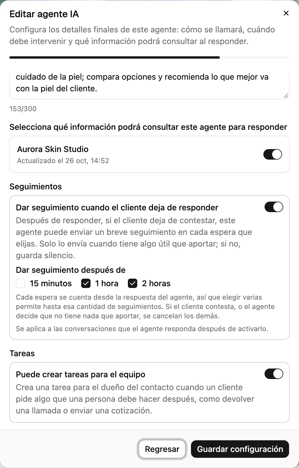 La configuración de un agente de IA en Ciarem con la opción Puede crear tareas para el equipo activada