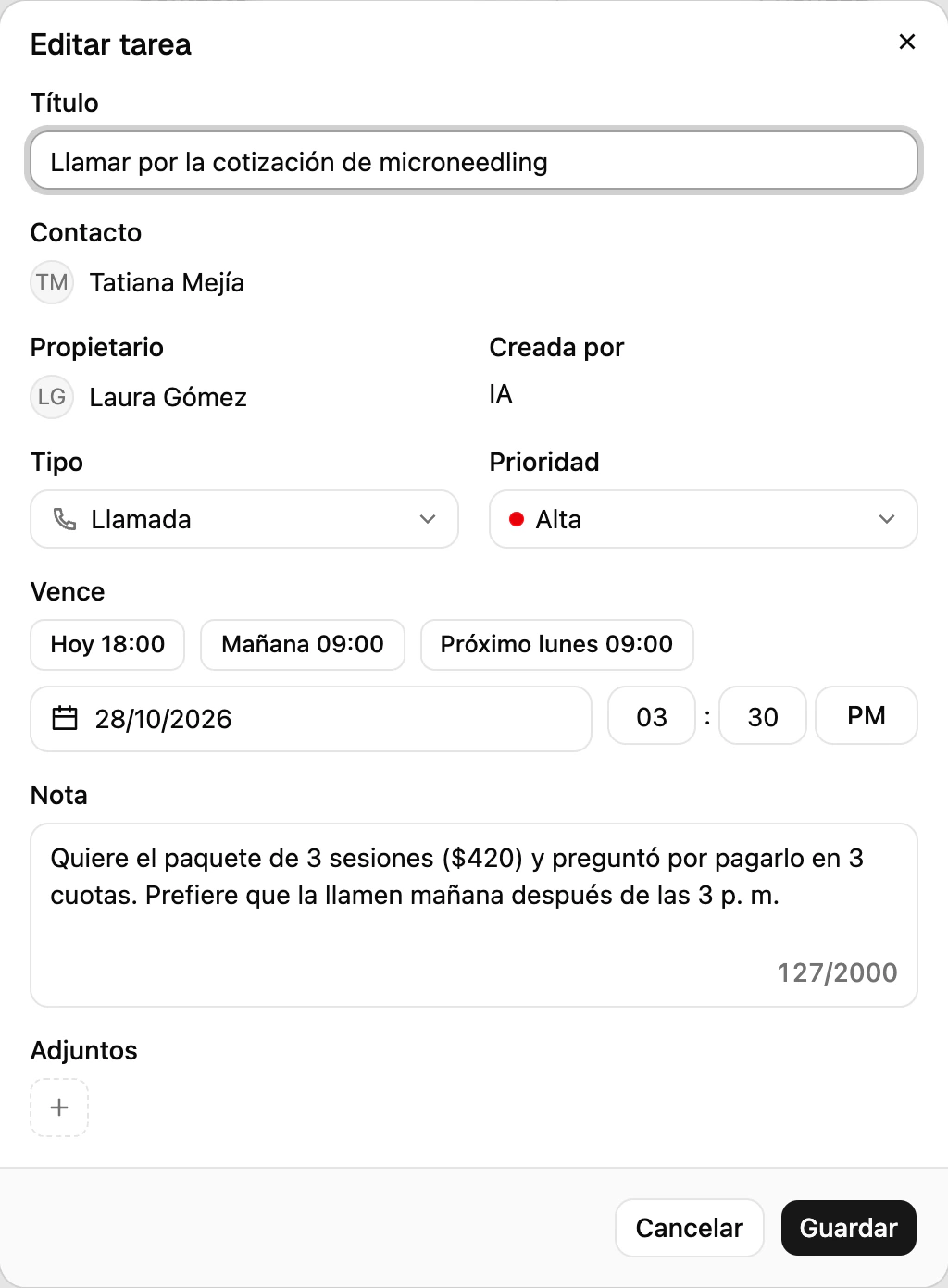 Una tarea abierta en Ciarem con su tipo, prioridad, vencimiento, nota, Propietario y Creada por