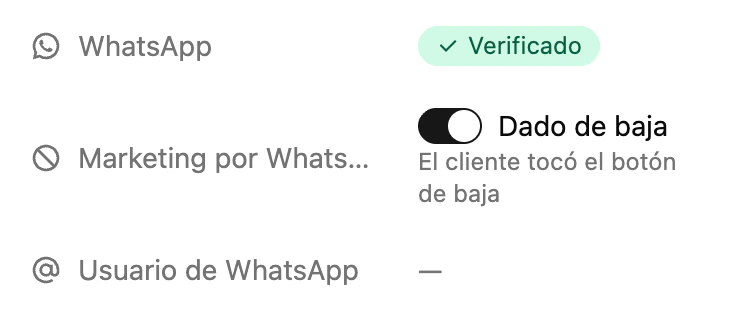 Un contacto en Ciarem con Marketing por WhatsApp en Dado de baja porque el cliente tocó el botón de baja