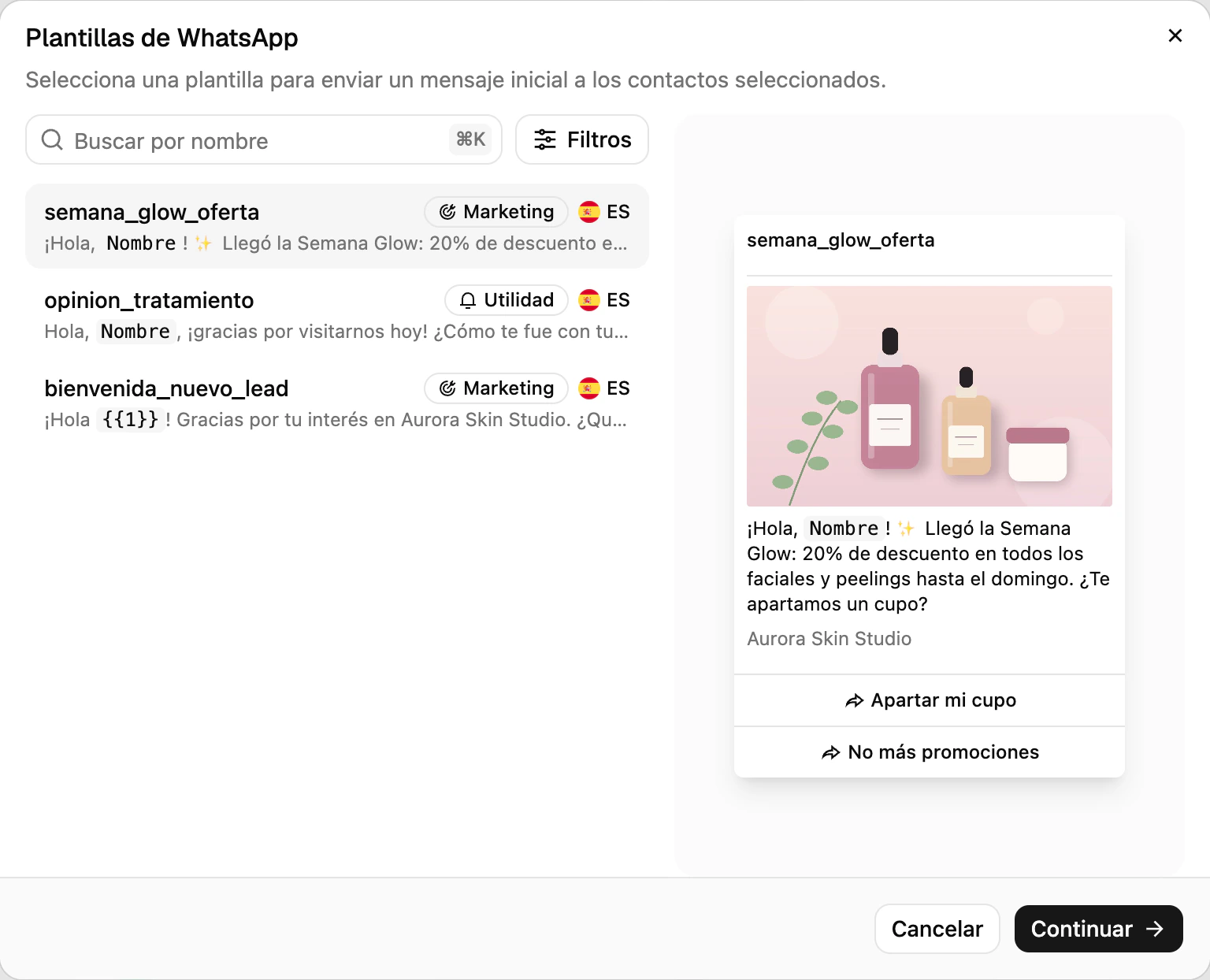 El diálogo Enviar plantilla de WhatsApp con una plantilla aprobada, sus variables y la vista previa en vivo