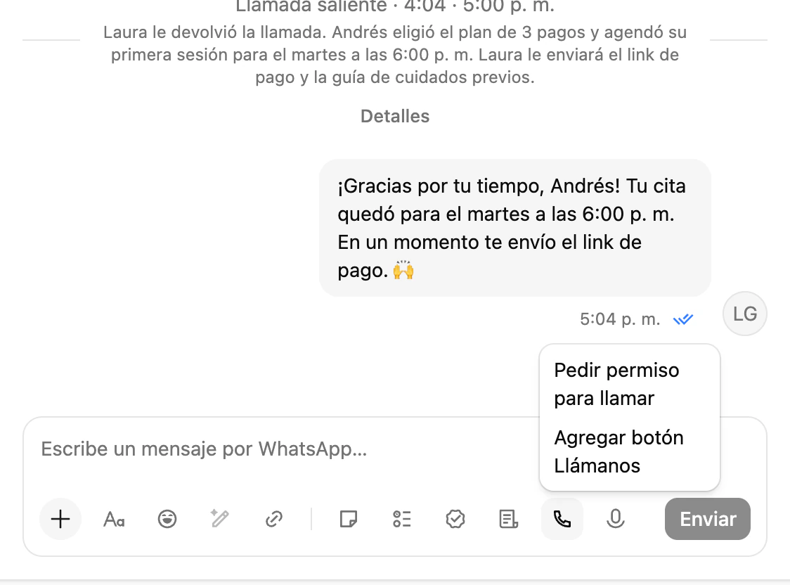 El menú Llamadas de voz del redactor con Pedir permiso para llamar y Agregar botón Llámanos
