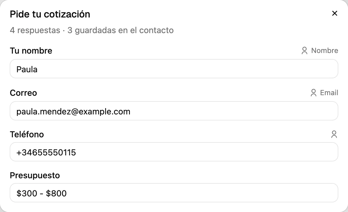 Una conversación de WhatsApp con la tarjeta Formulario enviado y sus respuestas, marcadas Guardado en el contacto