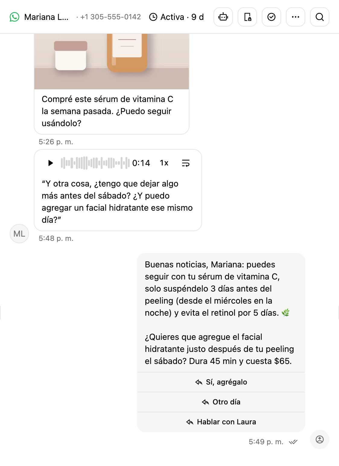 Una conversación de WhatsApp en la Bandeja de entrada de Ciarem con una foto, una nota de voz transcrita y una respuesta de la IA