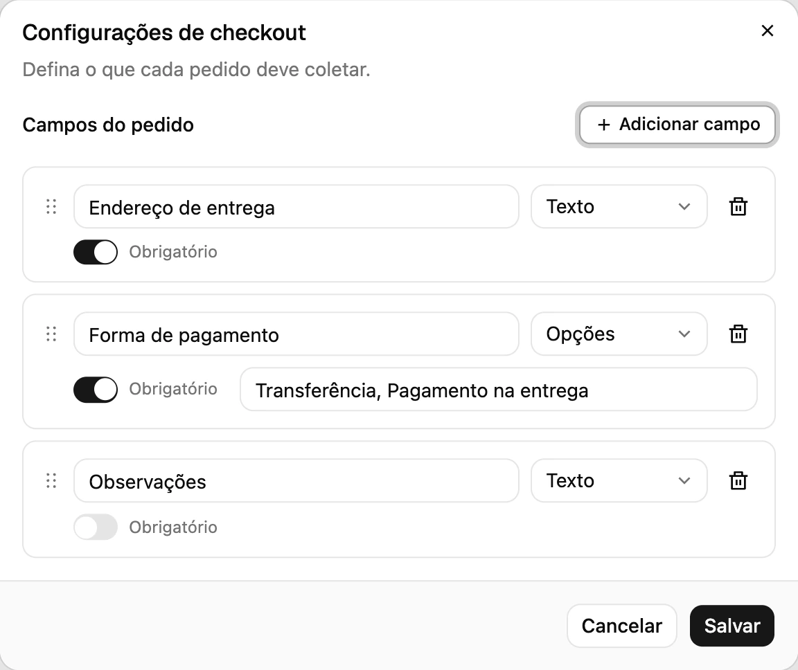 As configurações do checkout: o botão do módulo e os campos do pedido que o agente coleta