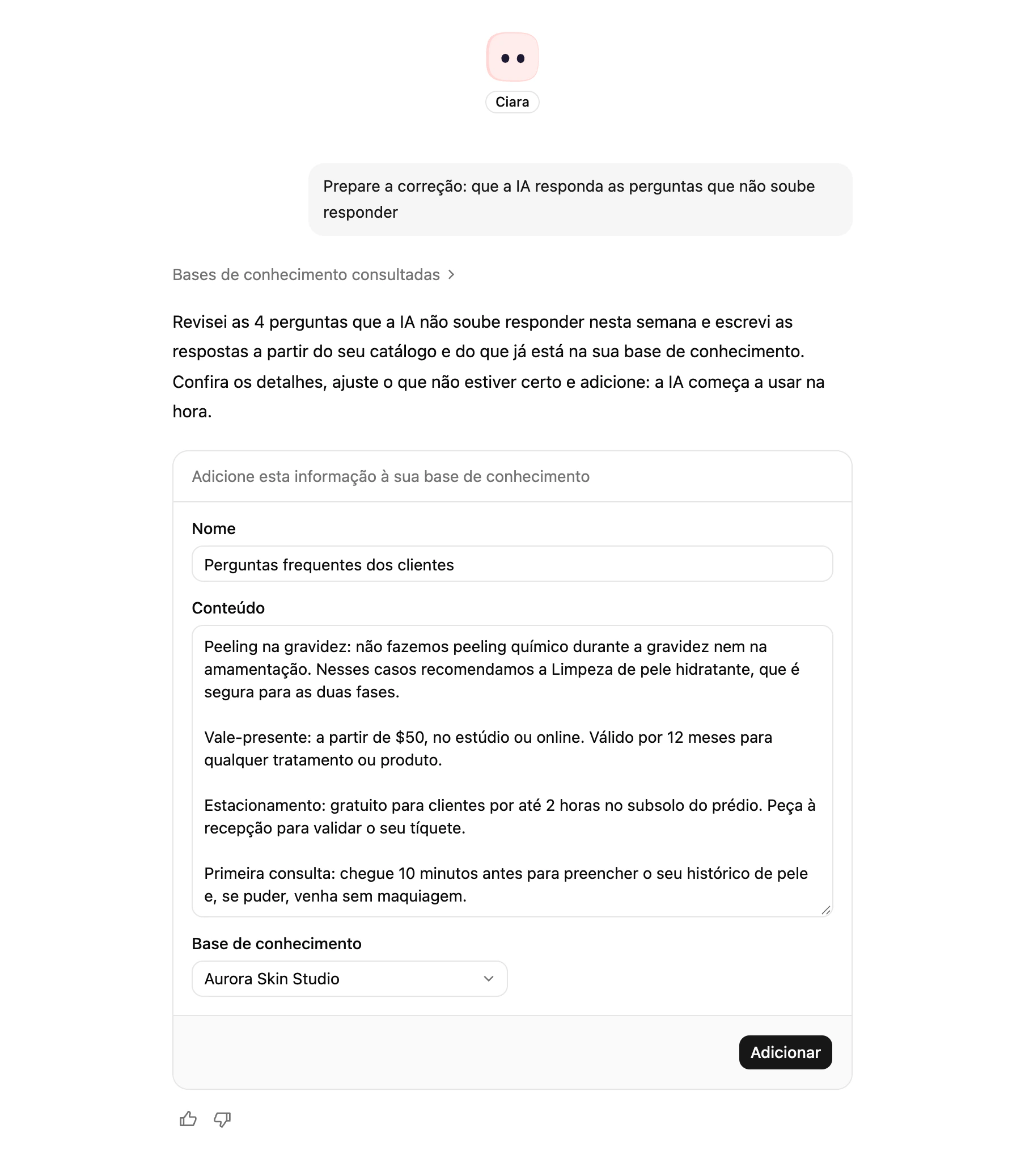 Uma atualização do conhecimento que a Ciara redigiu a partir do Resolva para mim, pronta para revisar e adicionar
