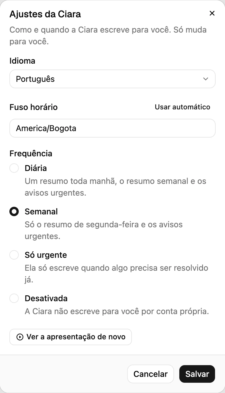 As configurações da Ciara: idioma, fuso horário e frequência