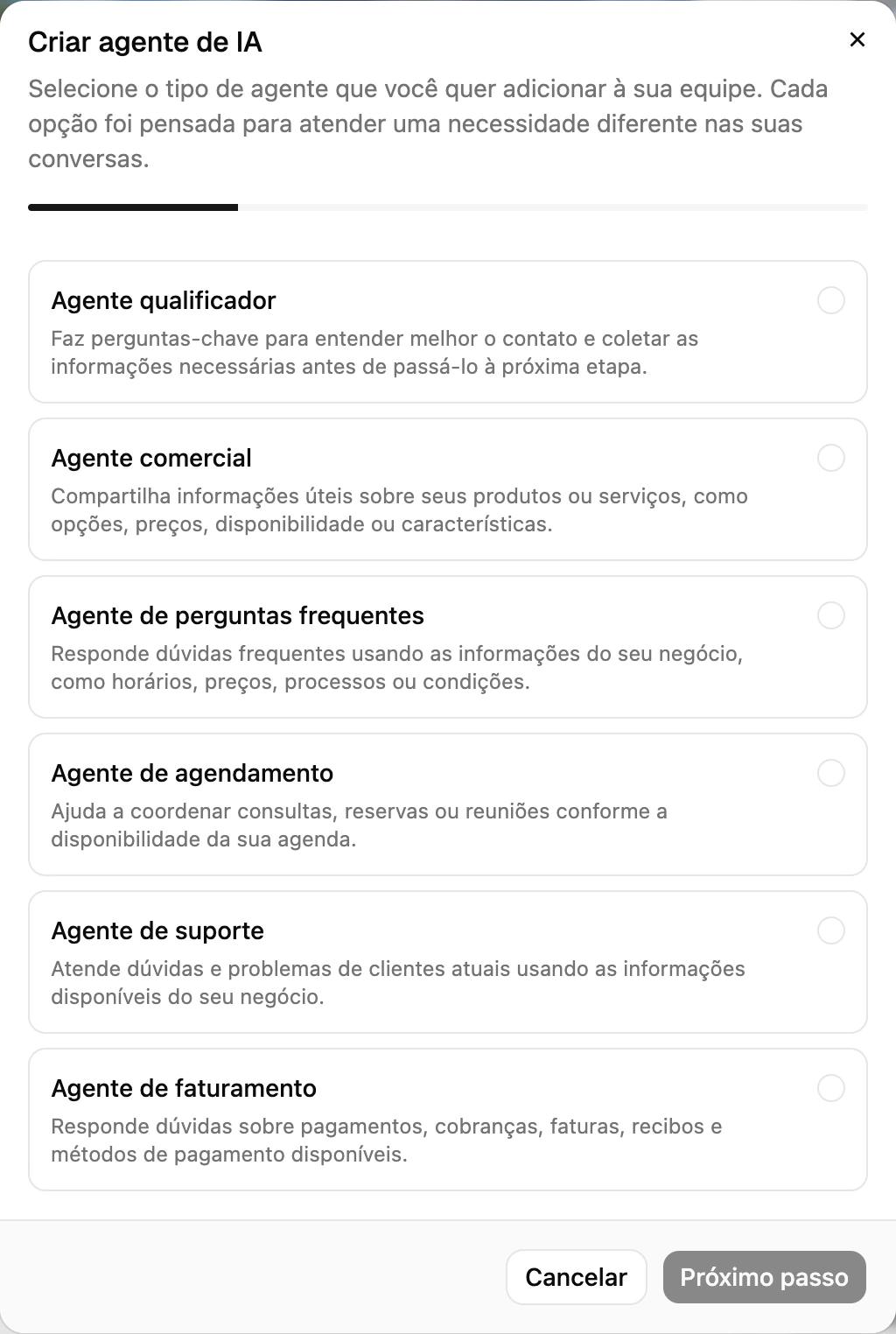 A caixa Criar agente com os seis tipos de agente para escolher