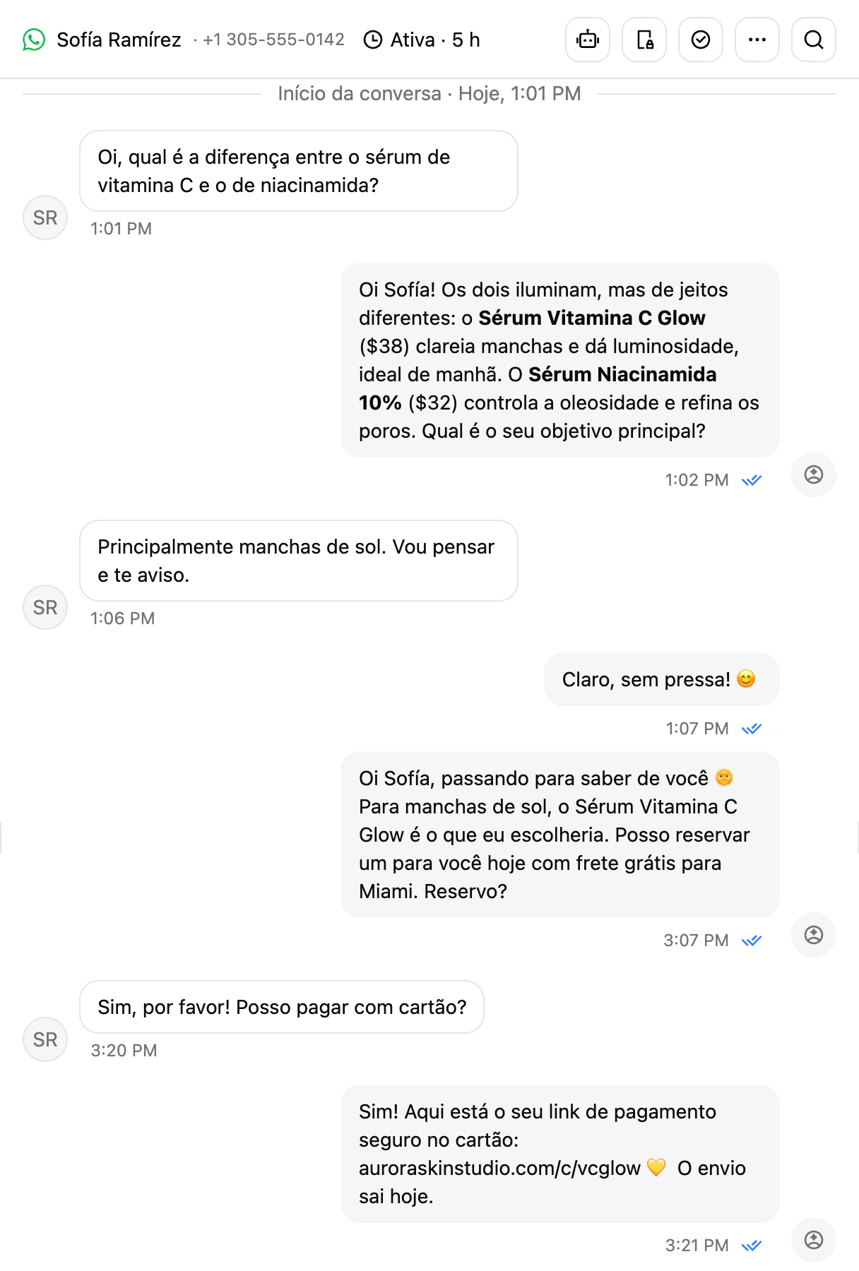 Uma conversa na caixa de entrada em que o agente de IA faz o acompanhamento duas horas depois que o cliente parou de responder, e o cliente responde