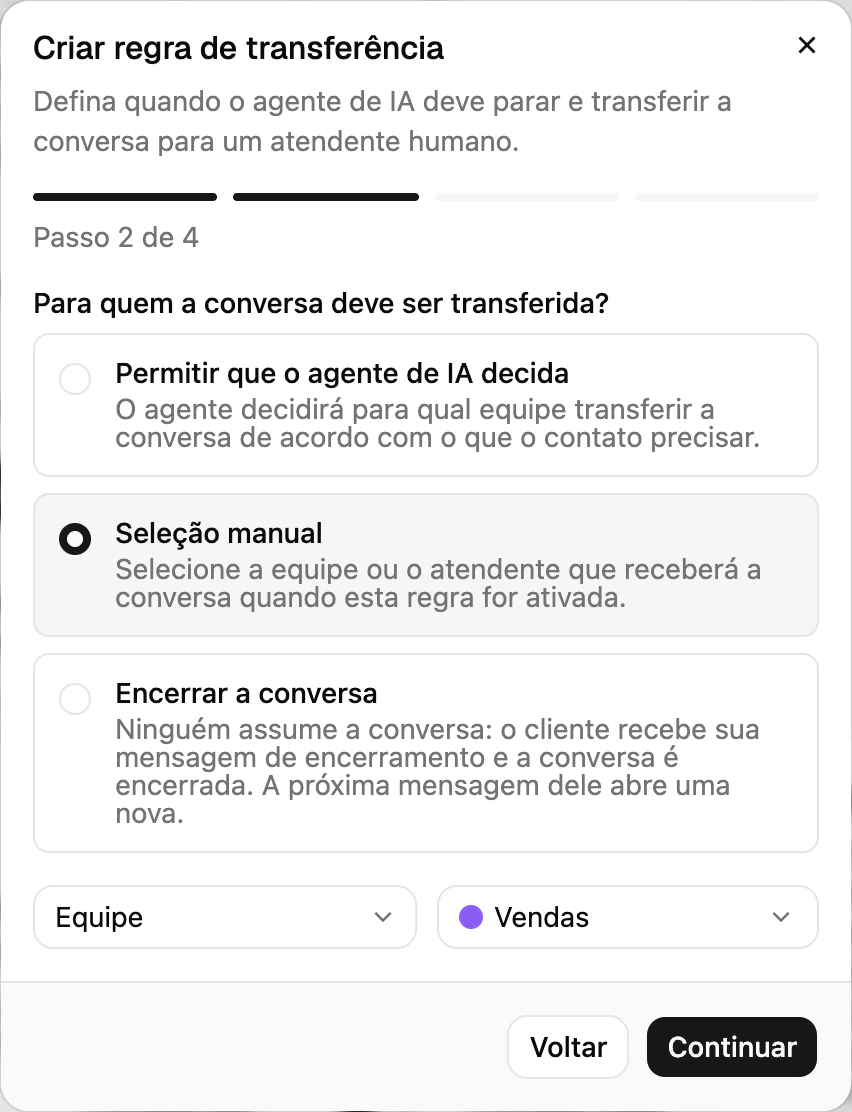 O passo 2 de uma nova regra de transferência: escolher quem recebe a conversa, uma equipe, um colega ou Encerrar a conversa
