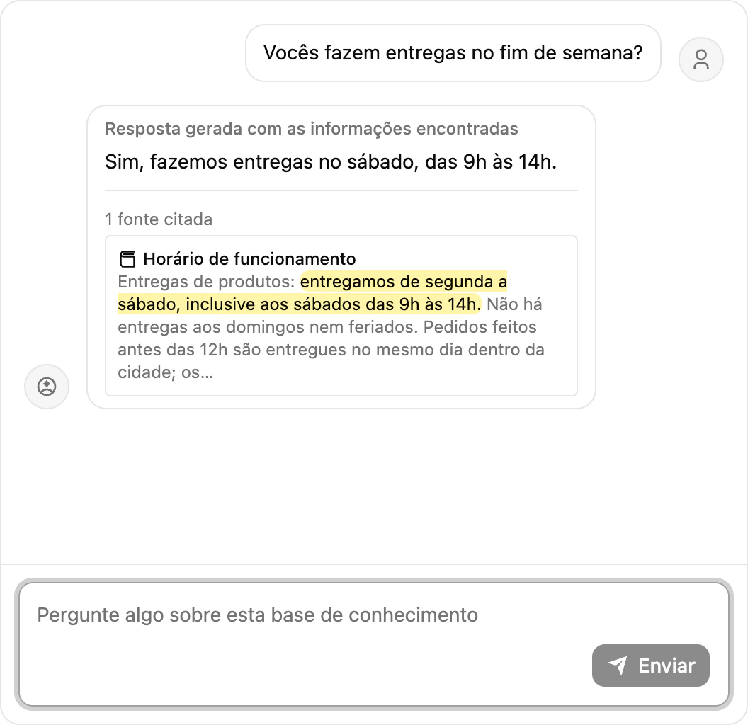 O chat de teste da base de conhecimento respondendo uma pergunta, com as fontes citadas abaixo da resposta