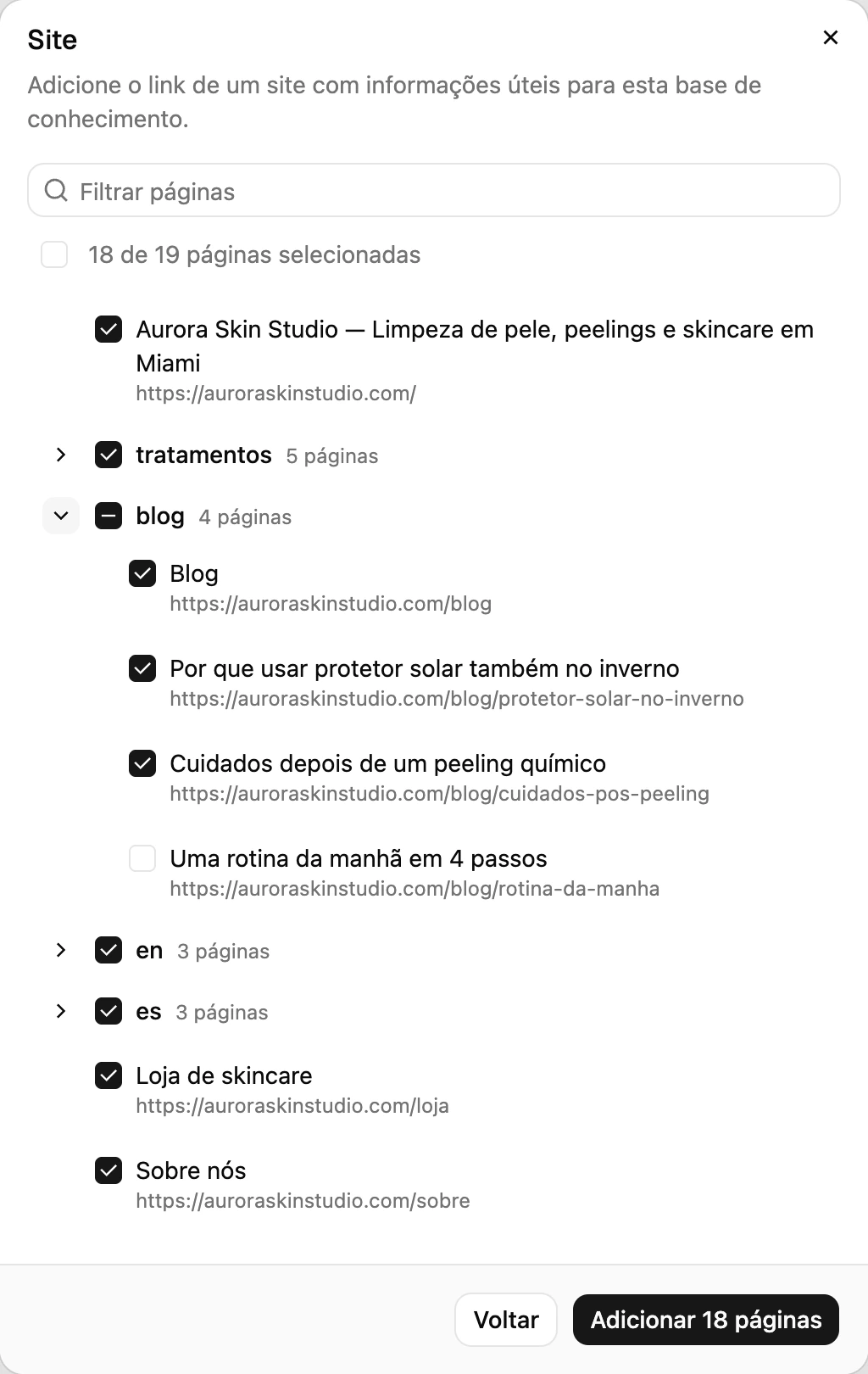 As páginas que a Ciarem encontrou em um site, agrupadas como pastas, com caixas para escolher quais indexar