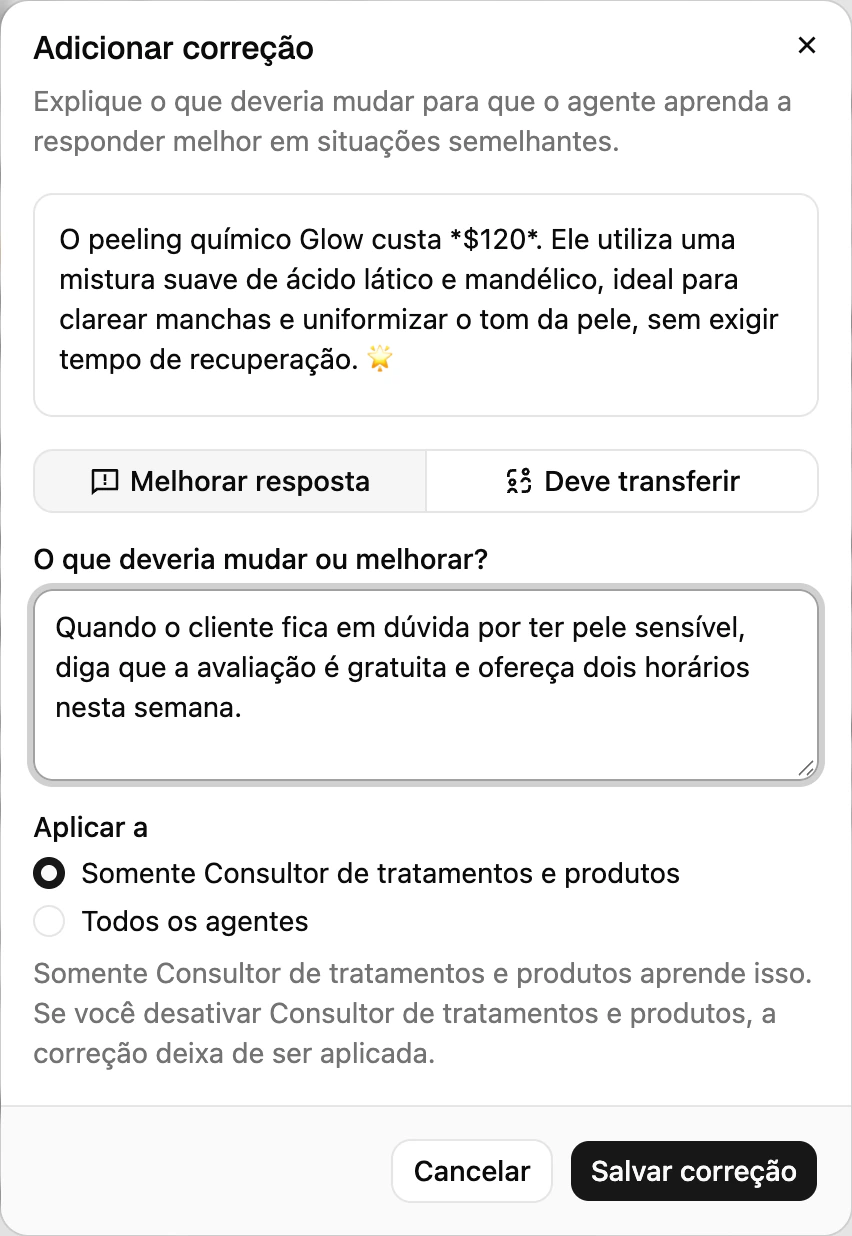 A caixa de correção com Melhorar resposta e Deve transferir, e a opção Aplicar a entre um agente e todos os agentes