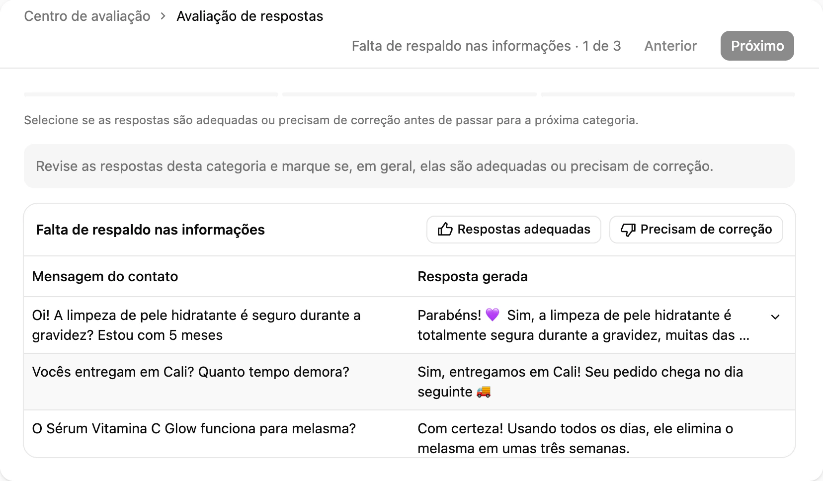 A revisão de uma categoria: a mensagem do contato ao lado da resposta do agente, com Respostas adequadas e Precisam de correção