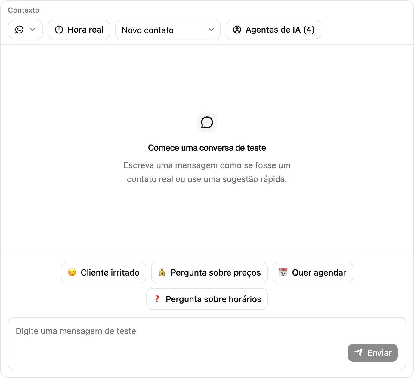 O cabeçalho do playground com os seletores de canal, horário simulado, contato e agentes, e os cenários rápidos