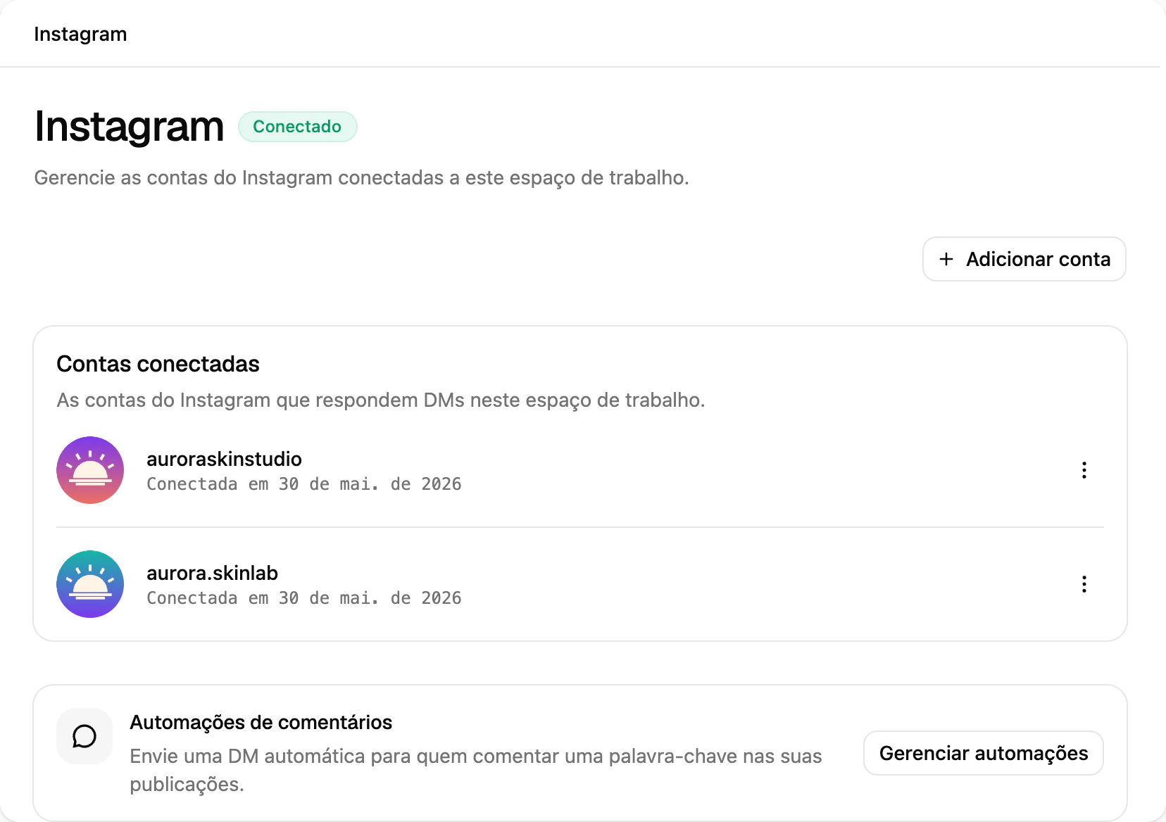 A página do canal do Instagram na Ciarem com duas contas conectadas e a opção de adicionar outra