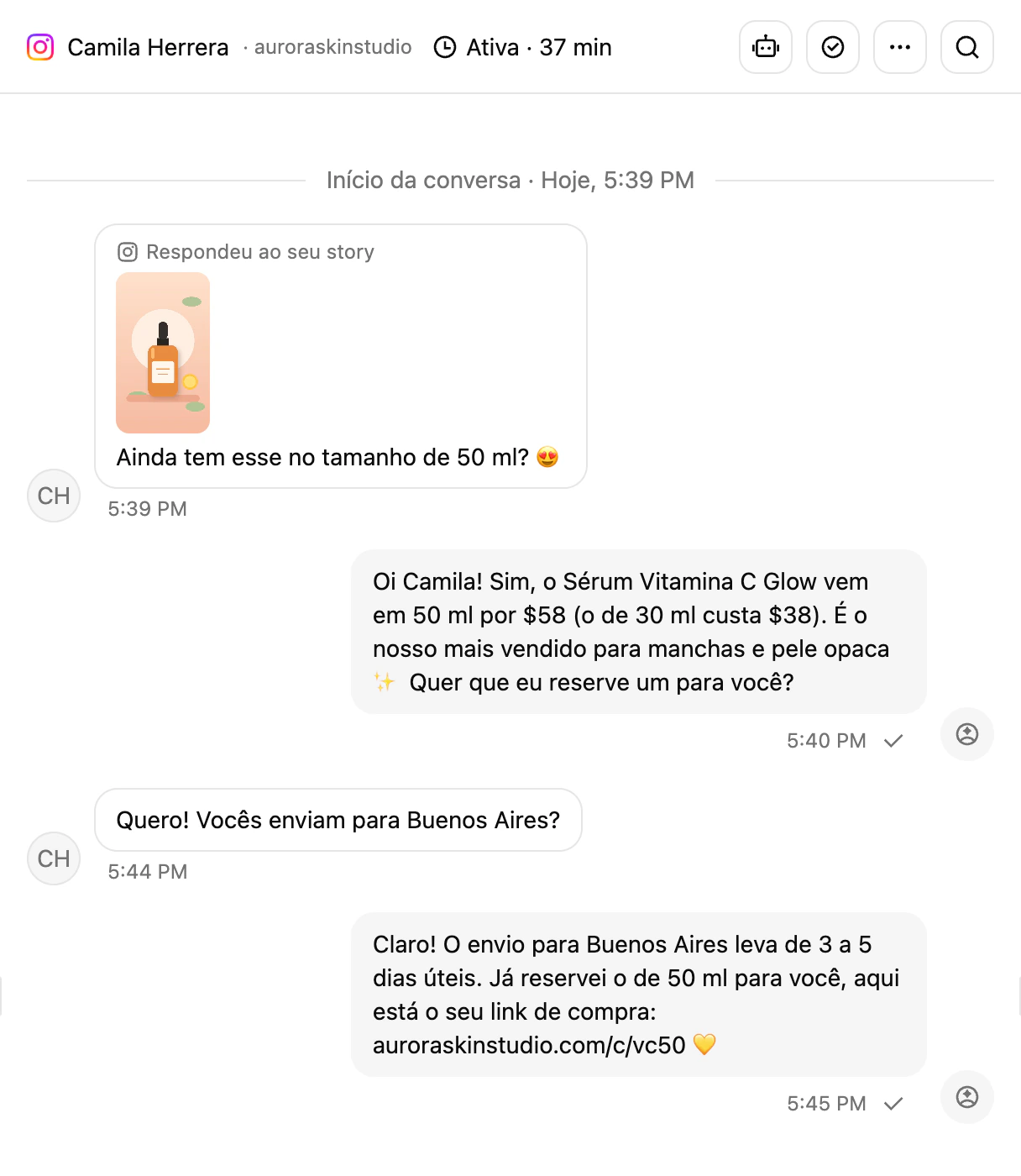 Uma conversa do Instagram na Caixa de entrada da Ciarem em que o cliente respondeu a um story e o agente de IA respondeu sobre ele
